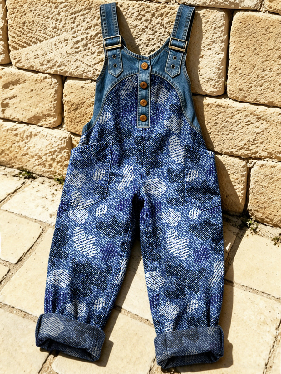 Women's Retro Floral Color-Blocked Art Print Washed Cotton Denim Patchwork Jumpsuit